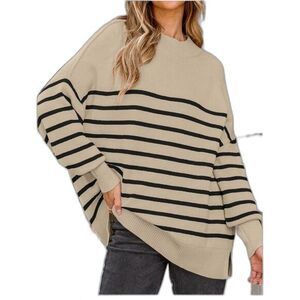NEW Beige Black Striped Oversized Sweater Women’s Small Soft Knit Cozy Pullover‎